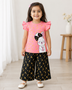 Adorable Bunny Graphic Tee & Lightning Print Palazo Set