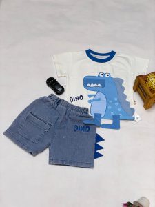 Blue Dino Baby Boy Outfit – White T-Shirt with 3D Dinosaur & Denim Shorts