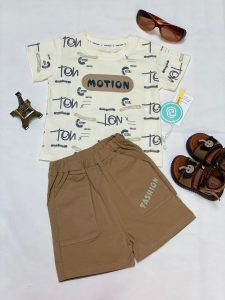 Trendy Motion Print Baby Boy Summer Set – Cream & Tan Casual Outfit