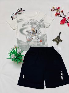 Robot Warrior Baby Boy Outfit – White Mecha T-Shirt & Black Shorts
