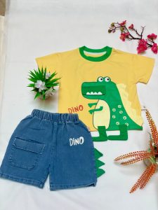 Cute Dino Baby Boy Outfit – Yellow & Green Dinosaur T-Shirt with Blue Shorts