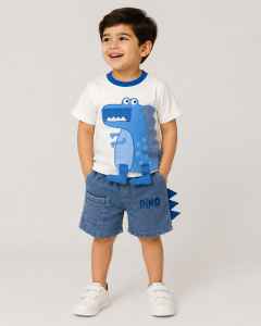 Blue Dino Baby Boy Outfit – White T-Shirt with 3D Dinosaur & Denim Shorts