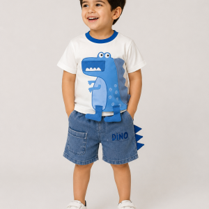 Blue Dino Baby Boy Outfit – White T-Shirt with 3D Dinosaur & Denim Shorts