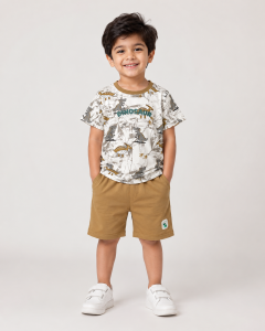 Beige Dinosaur Print Baby Boy Outfit – Summer T-Shirt & Shorts Set