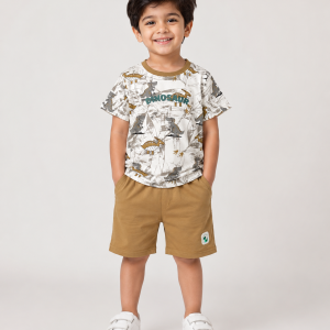 Beige Dinosaur Print Baby Boy Outfit – Summer T-Shirt & Shorts Set