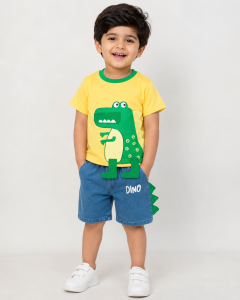 Cute Dino Baby Boy Outfit – Yellow & Green Dinosaur T-Shirt with Blue Shorts