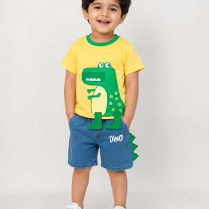 Cute Dino Baby Boy Outfit – Yellow & Green Dinosaur T-Shirt with Blue Shorts