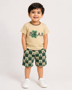 Trendy Bear Print Baby Co-Ord Set – Beige & Green Summer Outfit