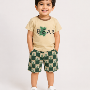 Trendy Bear Print Baby Co-Ord Set – Beige & Green Summer Outfit