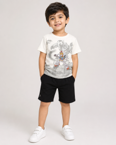 Robot Warrior Baby Boy Outfit – White Mecha T-Shirt & Black Shorts