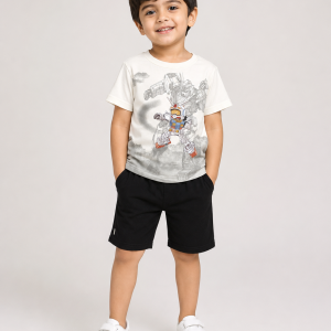 Robot Warrior Baby Boy Outfit – White Mecha T-Shirt & Black Shorts