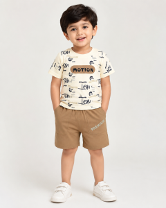 Trendy Motion Print Baby Boy Summer Set – Cream & Tan Casual Outfit