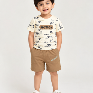 Trendy Motion Print Baby Boy Summer Set – Cream & Tan Casual Outfit