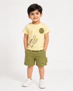 Adorable Crocodile Baby Co-Ord Set – Cream & Olive Green Summer Outfit
