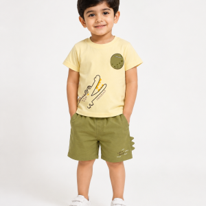 Adorable Crocodile Baby Co-Ord Set – Cream & Olive Green Summer Outfit