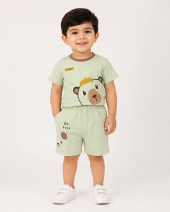 Adorable Bear Print Baby Co-Ord Set – Soft Cotton Summer Outfit