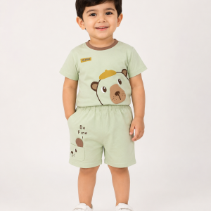 Adorable Bear Print Baby Co-Ord Set – Soft Cotton Summer Outfit