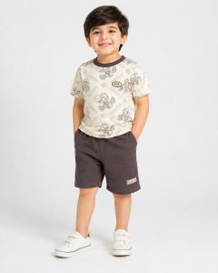 Happy Basketball Print Outfit – Cream T-Shirt & Brown Shorts Set