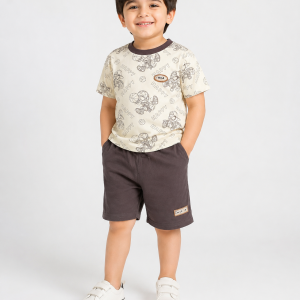 Happy Basketball Print Outfit – Cream T-Shirt & Brown Shorts Set