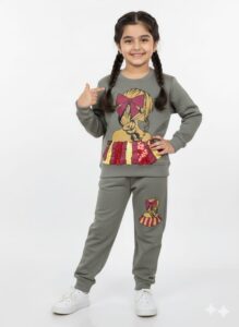 Girls' Fashion Doll Graphic Sequin Tracksuit - Olive Green