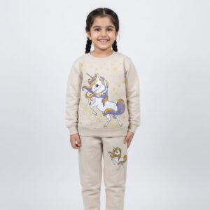 ​Magical Unicorn Fleece Tracksuit for Girls | Cozy Beige Matching Set
